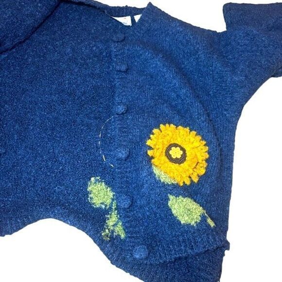 Belle Pointe Vintage Blue Cardigan Sweater with 3D Sunflower Embellishments - Picture 9 of 14
